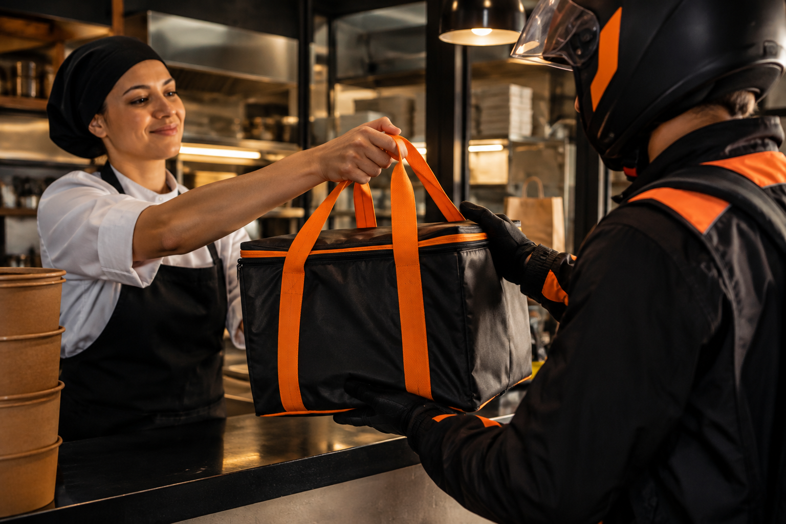Operação de restaurante entregando uma embalagem térmica a um profissional de delivery